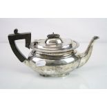 Silver bachelors teapot, ebonised angular handle and finial, gadrooned border, makers S Blankensee &