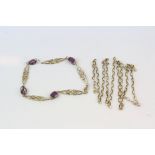 Amethyst 9ct gold bracelet (missing clasp) together with a 9ct yellow gold chain (missing clasp) (2)