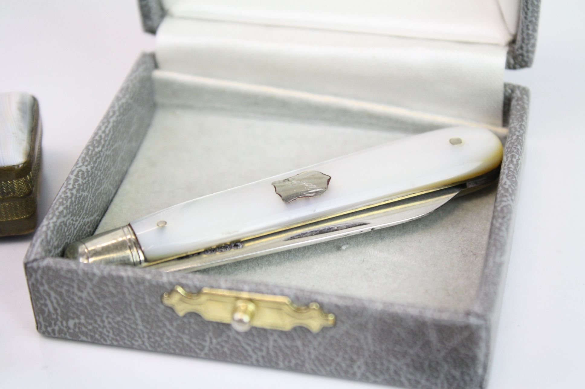 Mother-of-pearl silver folding fruit knife, the silver cartouche engraved 'Violet', the blade - Image 2 of 7