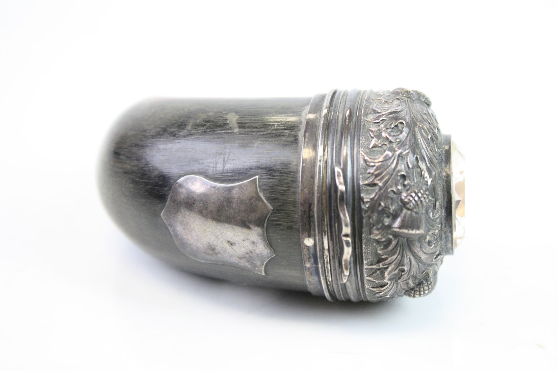 Scottish snuff mull, the hinged white metal cover with repousse repeating thistle decoration and - Image 3 of 5