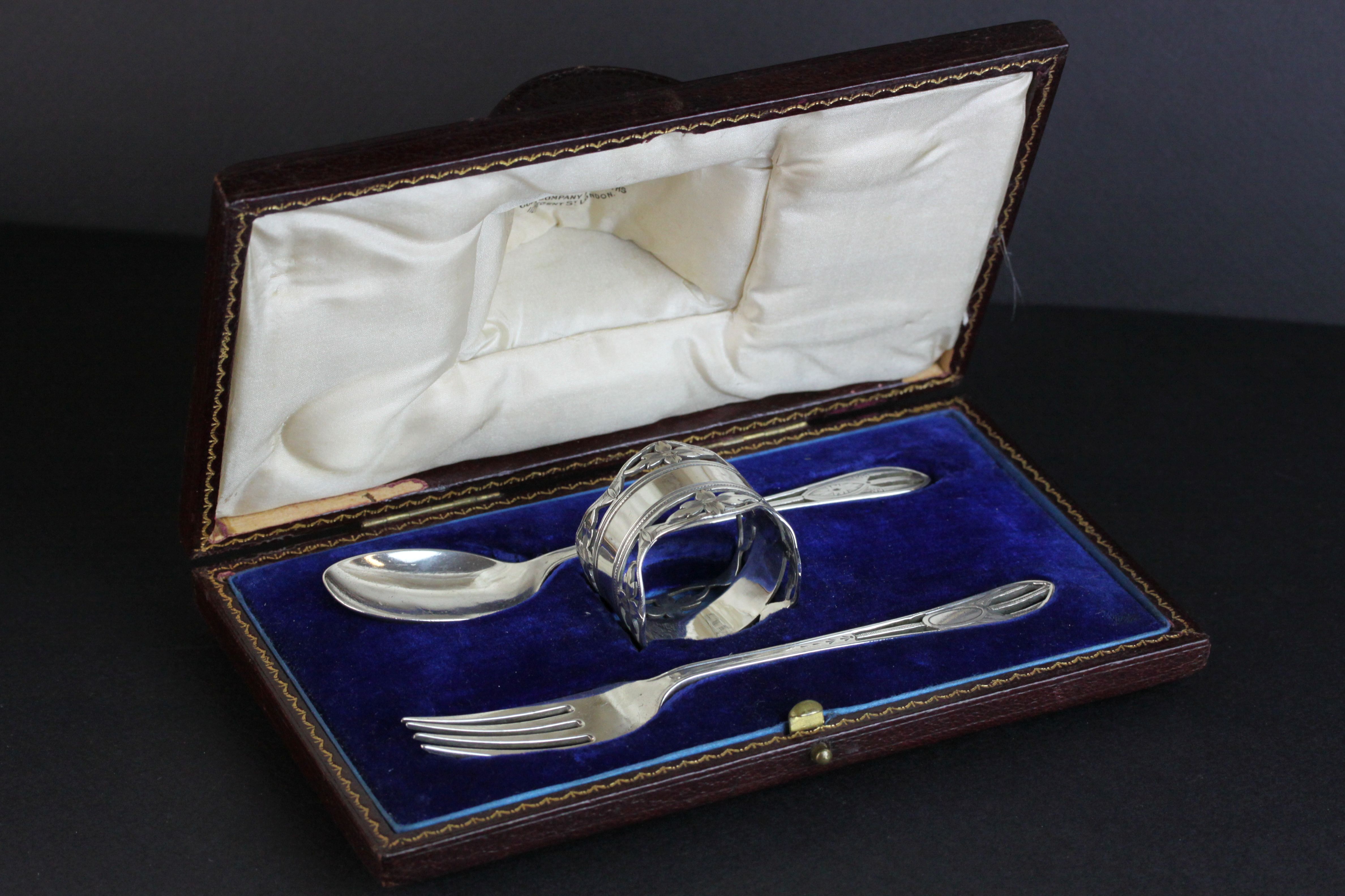 Early twentieth century matched silver Christening set comprising spoon, fork and napkin ring,
