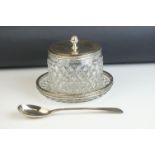 George III silver topped cut glass preserve jar and stand with silver spoon, stylised pine cone