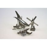 Dutch silver miniature model of a windmill and sail boat together with a silver miniature model of a