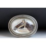 Mother-of-pearl and crystal reverse carved intaglio silver brooch depicting a horses head, rub