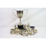 Collection of silver to include a silver tea strainer and bowl, silver napkin rings, silver pepper