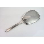 Art Deco silver backed hand mirror, engine turned decoration, stepped details, engraved initial,