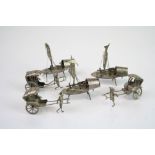 Chinese white metal miniature figures pulling rickshaws and junks (6)