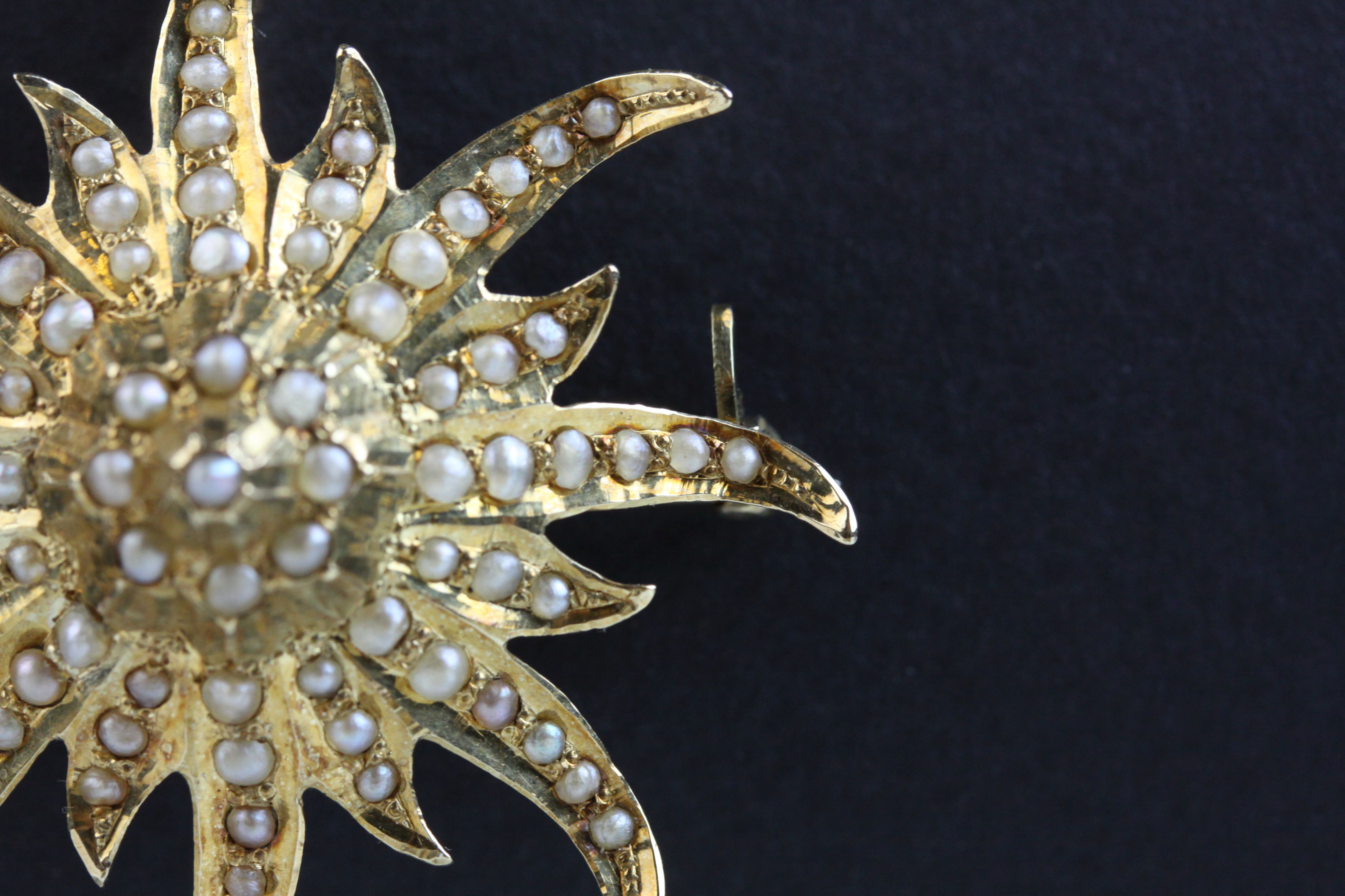 Seed pearl 14ct gold tiered sunburst pendant brooch, full set with seed pearls, later safety - Image 5 of 6