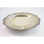 Silver pedestal dish, engraved personalisation to centre, pie crust border, makers Barker Brothers