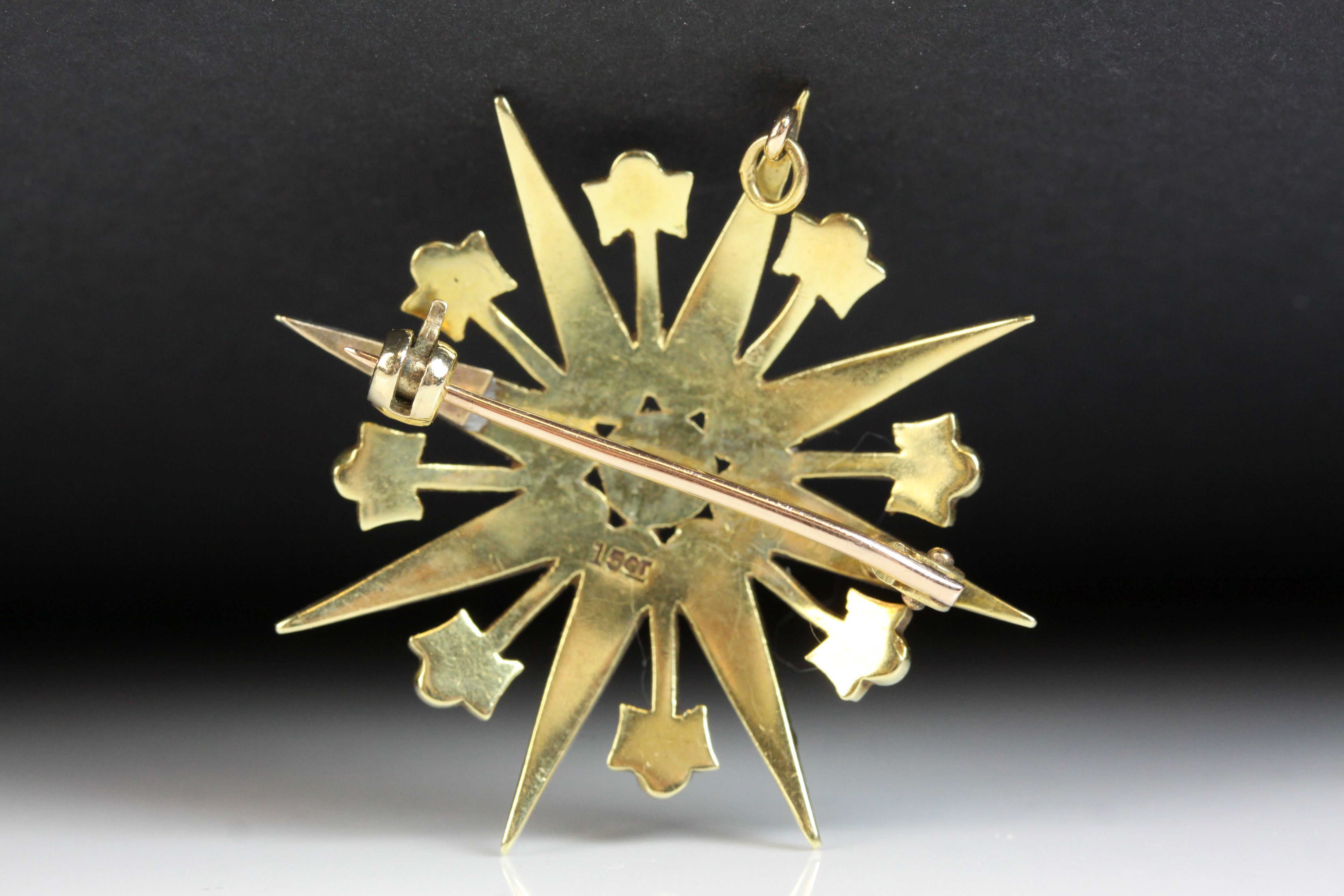 Edwardian seed pearl 15ct yellow gold pendant brooch, eight pronged star full set with graduated - Image 6 of 6