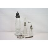 Silver topped cut glass sugar shaker, silver topped cut glass scent bottle, silver topped cut