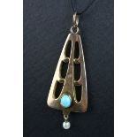 Arts and Crafts turquoise and seed pearl 9ct rose gold pendant, the openwork triangular design frame