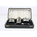 Three piece silver cruet comprising open silver salt cellar, pepper pot and mustard pot of octagonal