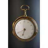 Georgian pair case key wind fusee pocket watch, the gilt brass pocket watch with white enamel