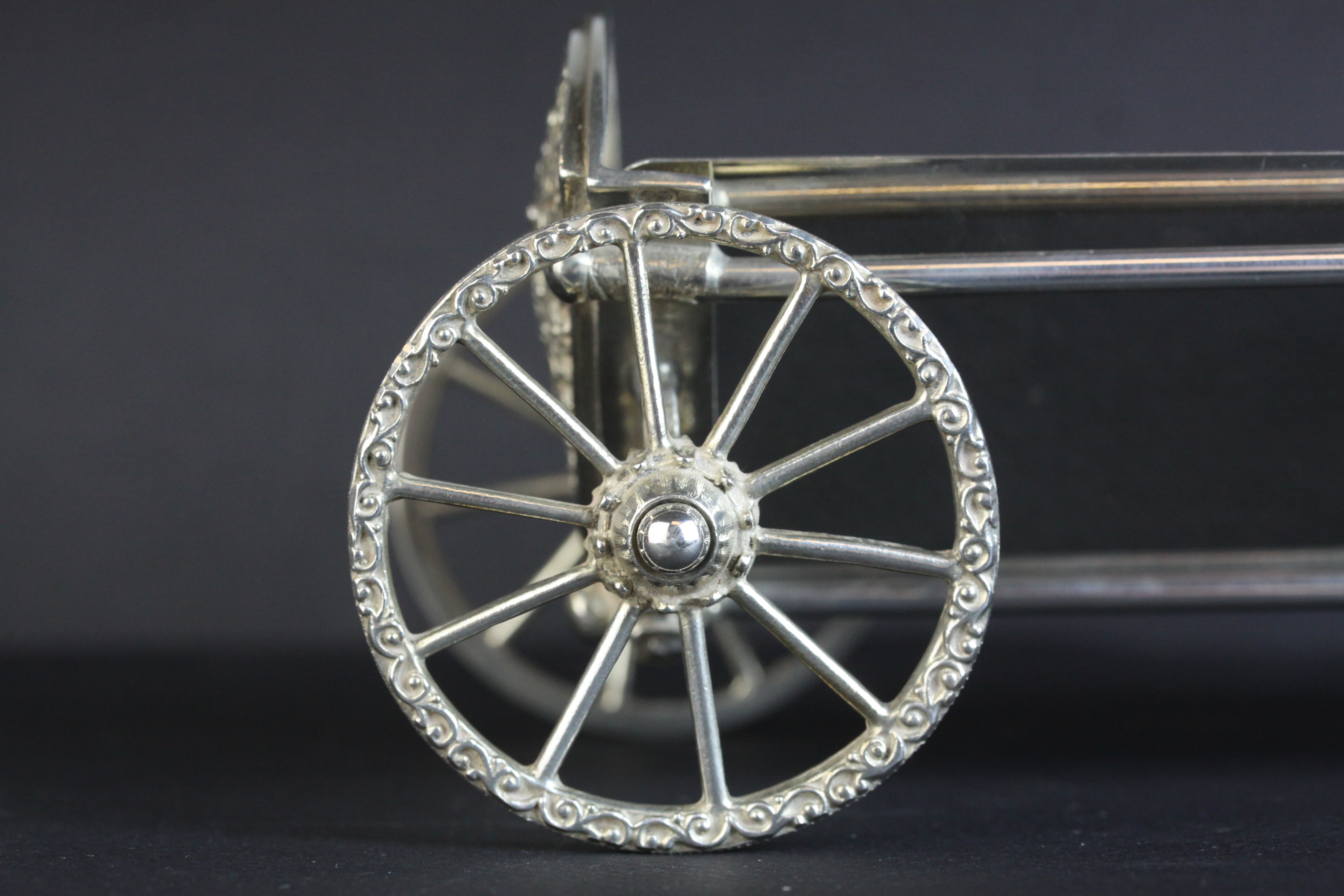 Harrods silver bon bon trolley in the form of a carriage, the pierce tail pieces with foliate scroll - Image 5 of 8