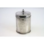 Silver tea caddy, cylindrical form, hinged lid with turned finial, engraved personalisation,