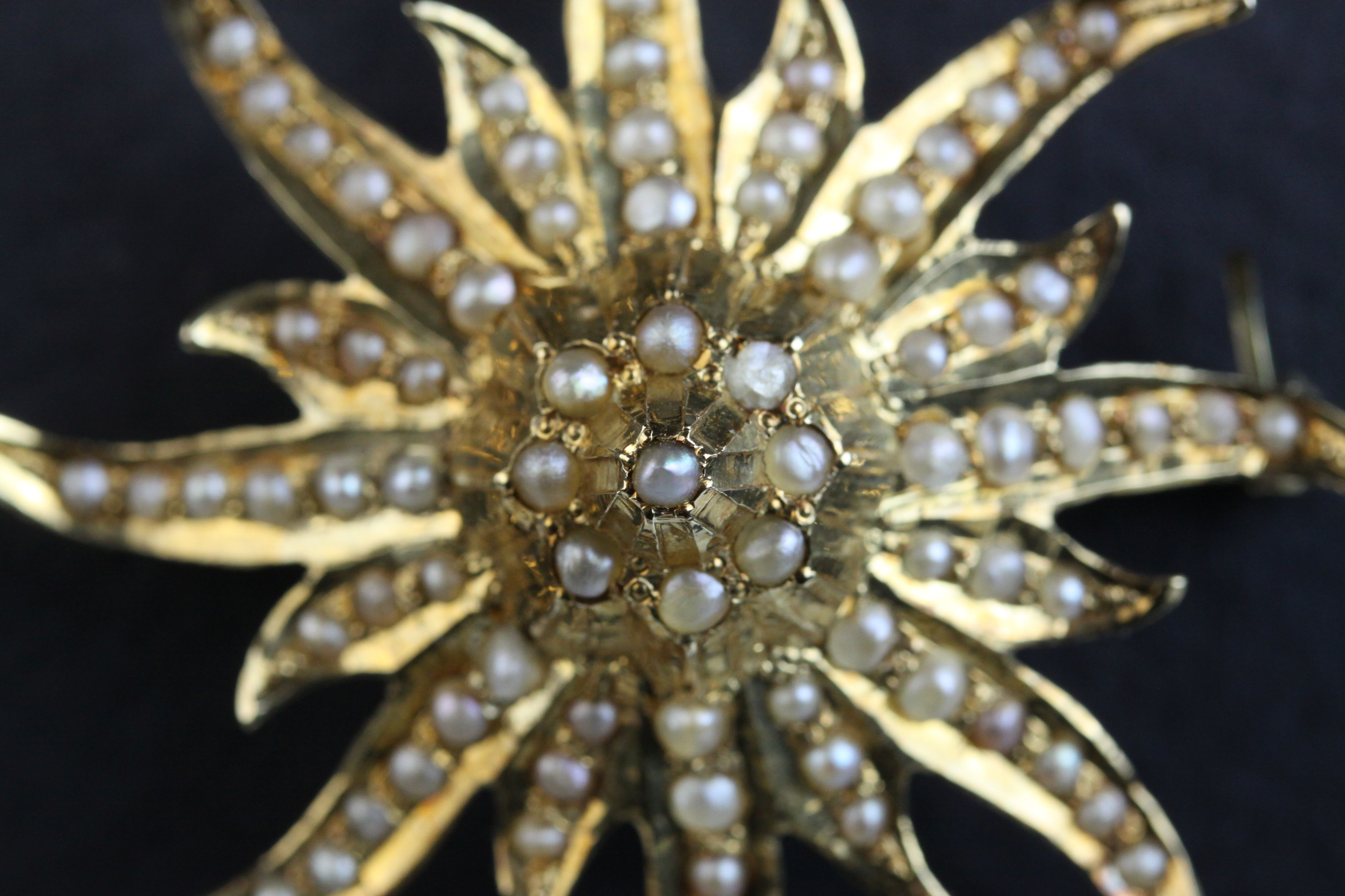 Seed pearl 14ct gold tiered sunburst pendant brooch, full set with seed pearls, later safety - Image 2 of 6