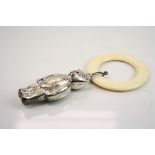 Silver teether babies? rattle modelled as a teddy bear, plastic teether ring, makers mark