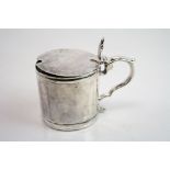 Victorian silver drum mustard pot, fluted trefid shaped thumb piece, scroll handle, blue glass