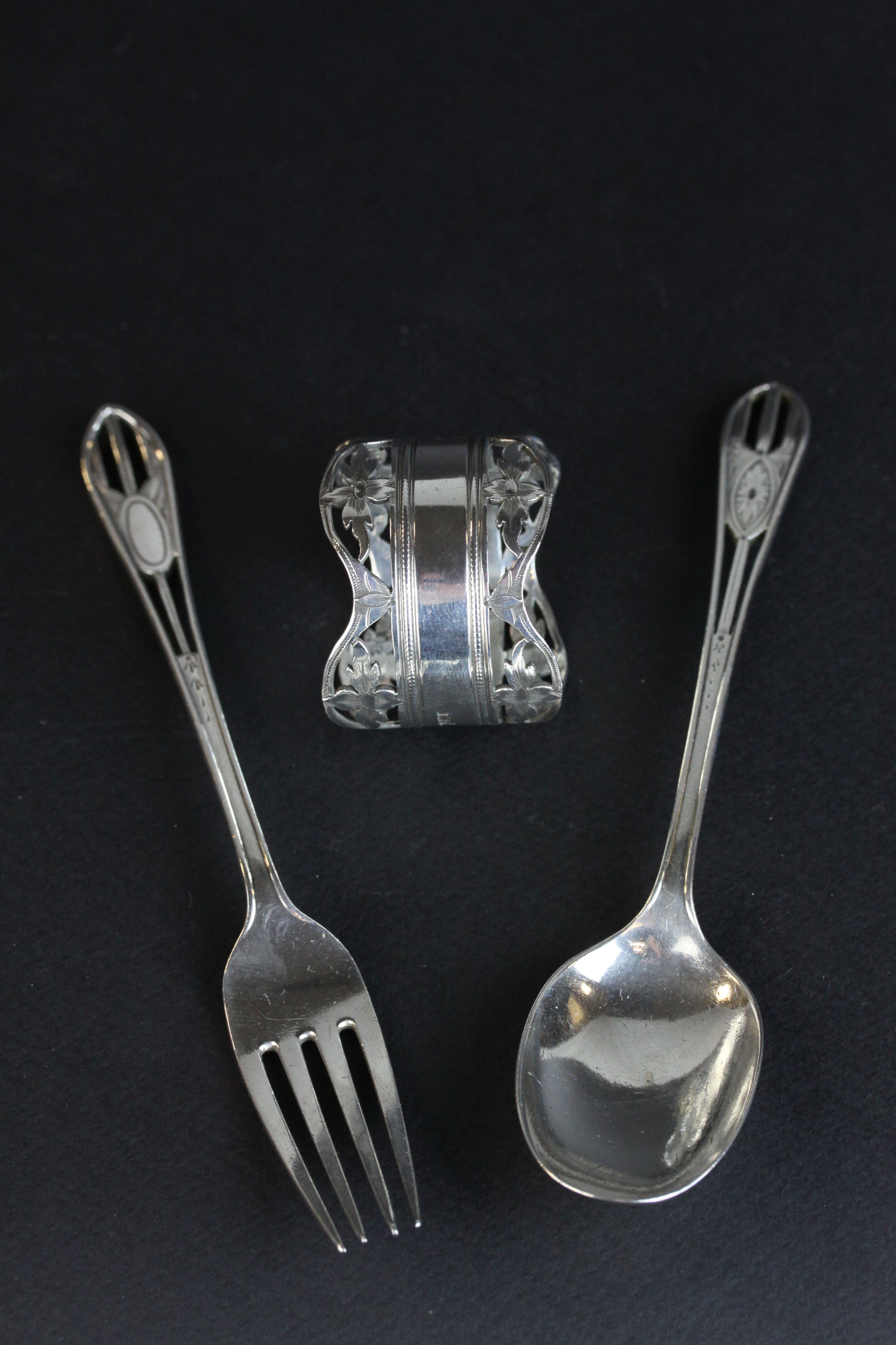 Early twentieth century matched silver Christening set comprising spoon, fork and napkin ring, - Image 2 of 8