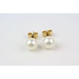 Pair of Mikimoto cultured pearl 9ct yellow gold stud earrings, the cream pearls with green