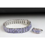 Tanzanite silver bracelet, three rows of oval mixed cut tanzanite, claw settings, tongue and box