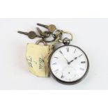 George III silver open face key wind pocket watch by R Shearsmith, London, white enamel dial and