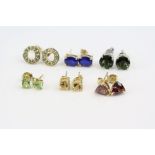 Six pairs of gem set 9ct yellow and white gold stud earrings, to include peridot, citrine, chrome