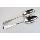 Pair of George III silver table spoons, old English pattern, initialled terminals, makers William