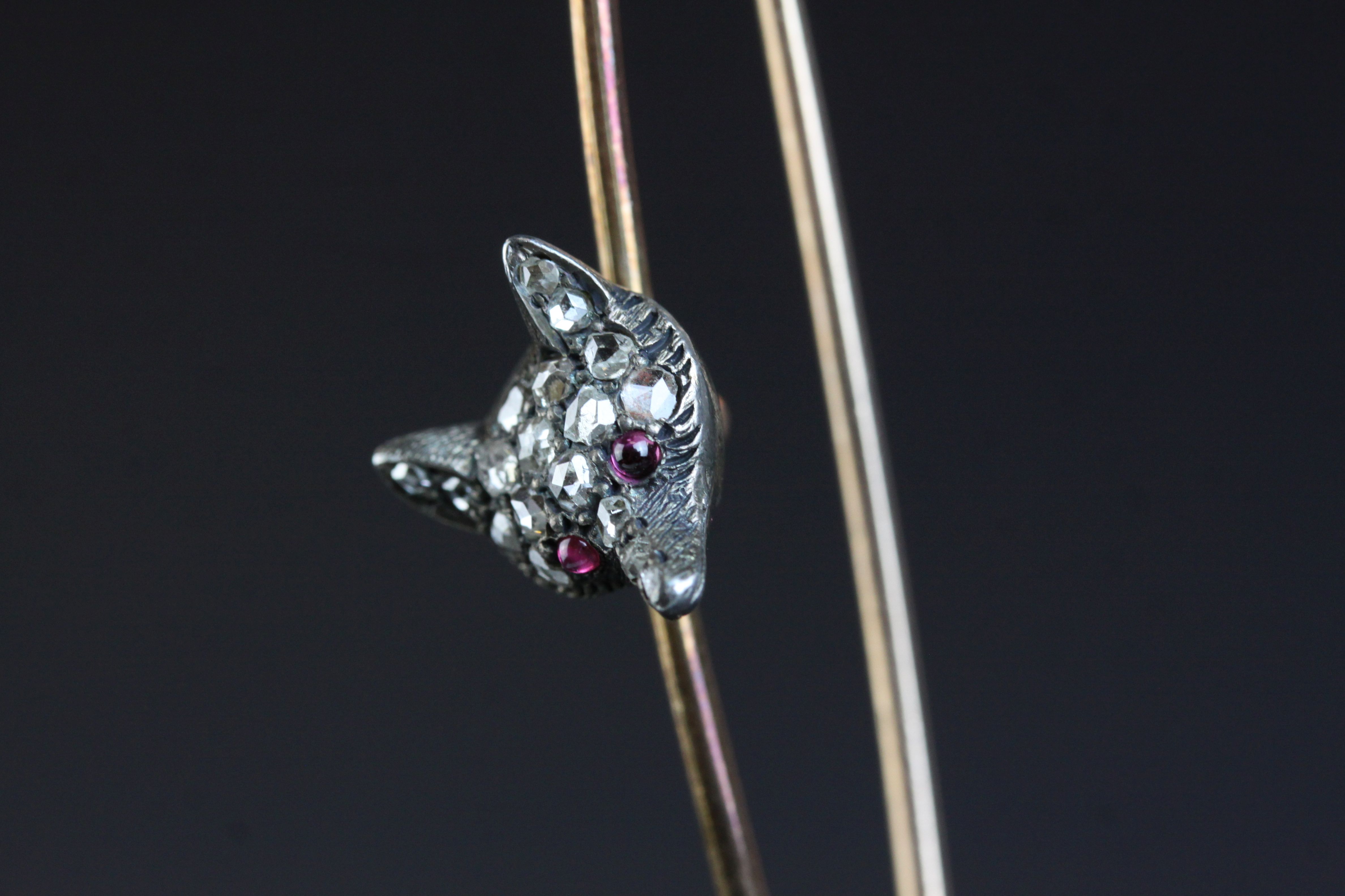 Victorian diamond and ruby fox head bar brooch, ruby cabochon eyes, full set rose cut diamonds to - Image 3 of 4