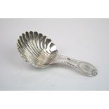 George III silver caddy spoon, shell bowl, bright cut swag decoration to stem, initialled