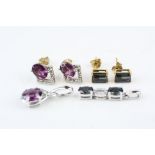 Zircon 9ct white gold pendant, amethyst white metal pendant, garnet 9ct yellow gold stud earrings