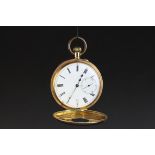 14ct rose gold half hunter top wind pocket watch, white enamel dial and subsidiary dial, black Roman