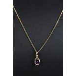 Amethyst 9ct pendant necklace, the amethyst measuring approx 6.5mm x 4.5mm, rub over setting, 9ct