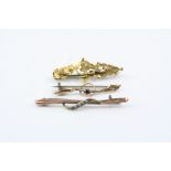 Three Victorian 9ct yellow gold bar brooches comprising diamond Etruscsan style bar brooch, small