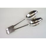 Two Victorian silver serving spoons, fiddle pattern, makers Chawner & Co, London 1863 & 1867, length