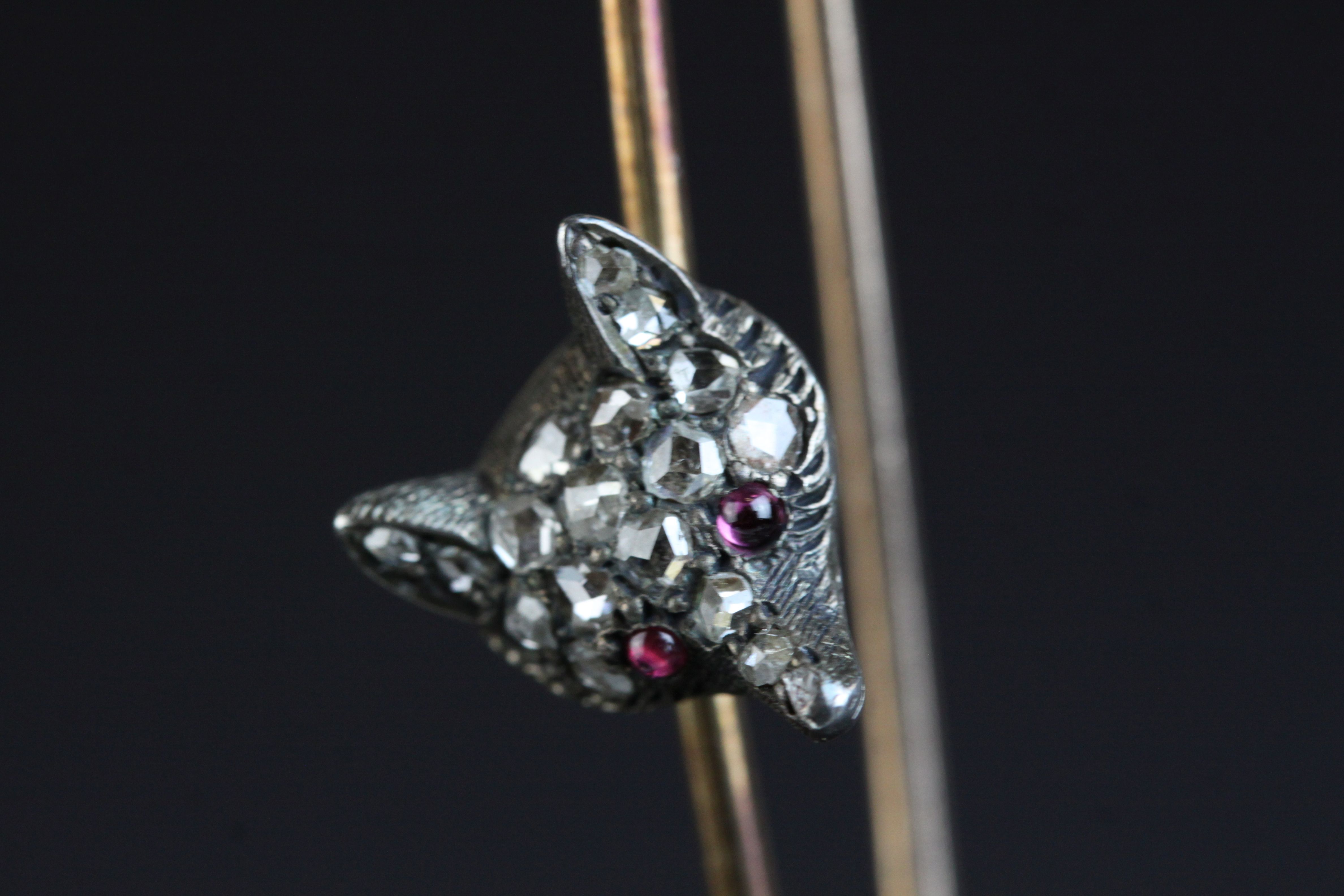 Victorian diamond and ruby fox head bar brooch, ruby cabochon eyes, full set rose cut diamonds to - Image 2 of 4