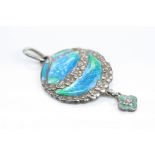 Murrle Bennett Art Nouveau enamelled silver pendant, cast floral decoration in relief with blue-