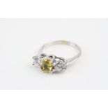 Yellow topaz and cubic zirconia 18ct white gold three stone ring, claw settings, ring size P