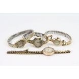 Three 9ct gold cased ladies? wristwatches, together with a gold plated ladies wristwatch (4)