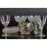 Eight modern spiral air-twist glass goblets, And a gilt square glass bowl the bowl 15cm diameter and