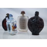 Four Chinese Snuff Bottles including an Inside Painted Glass Bottle, Carved Horn Effect Bottle,
