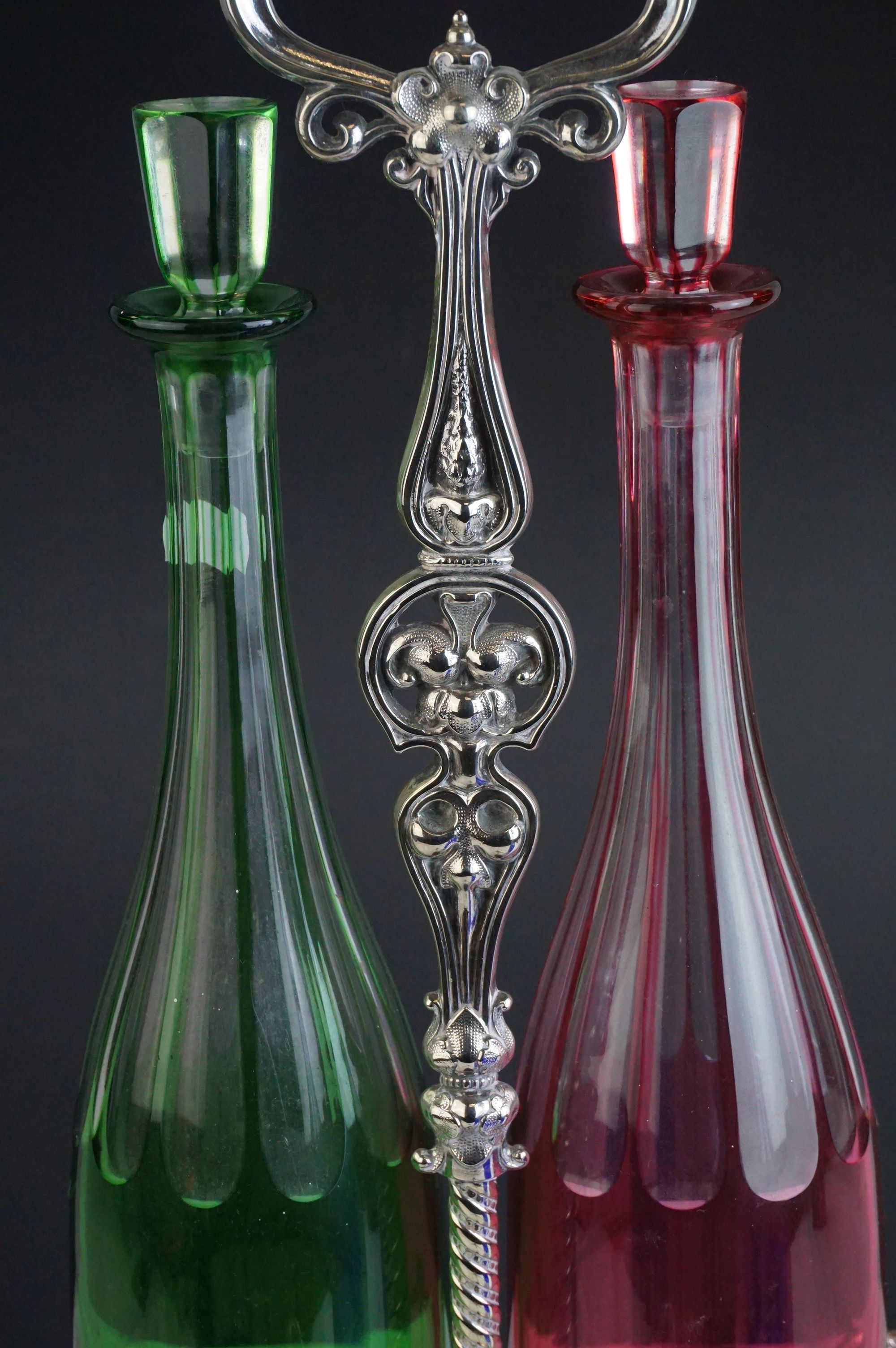Set of Three Bohemian Coloured Glass Tall Decanters with Stoppers (blue, green and red) held on a - Image 4 of 9