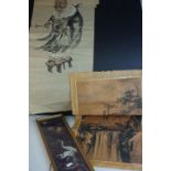 A framed Oriental Silk decorated with Cranes together with two Chinese watercolours Demon with