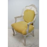 French Louis XV Style Painted Open Elbow Chair, partially re-upholstered together with fabric to