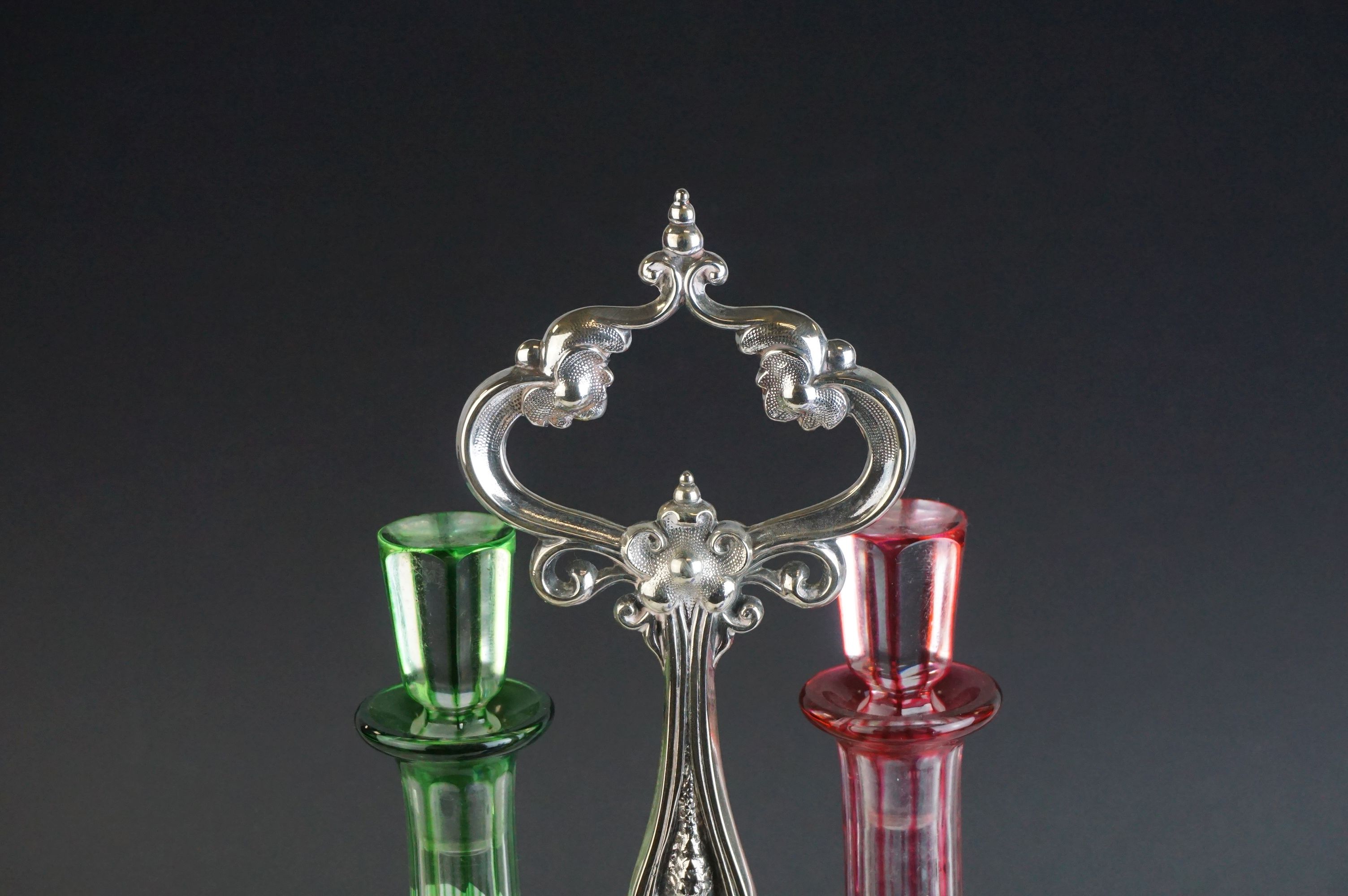 Set of Three Bohemian Coloured Glass Tall Decanters with Stoppers (blue, green and red) held on a - Image 3 of 9