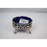 George III Silver Salt with Blue Glass Liner, pierced scrolling sides raised on four legs with ball