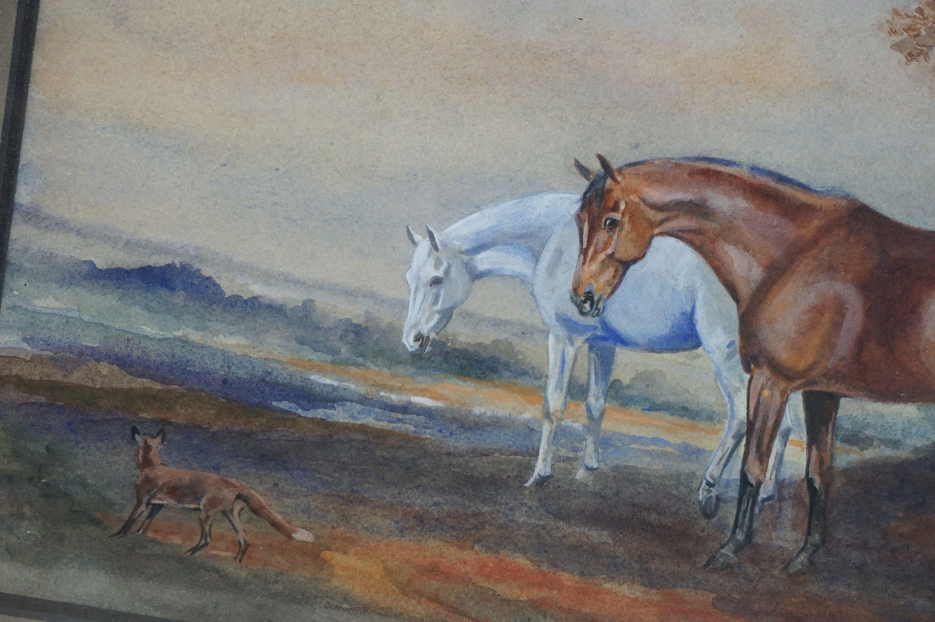 Denis Aldridge (British, 1898 - 1985), Watercolour of Two Horses and a Fox in Fields, signed and - Image 3 of 4