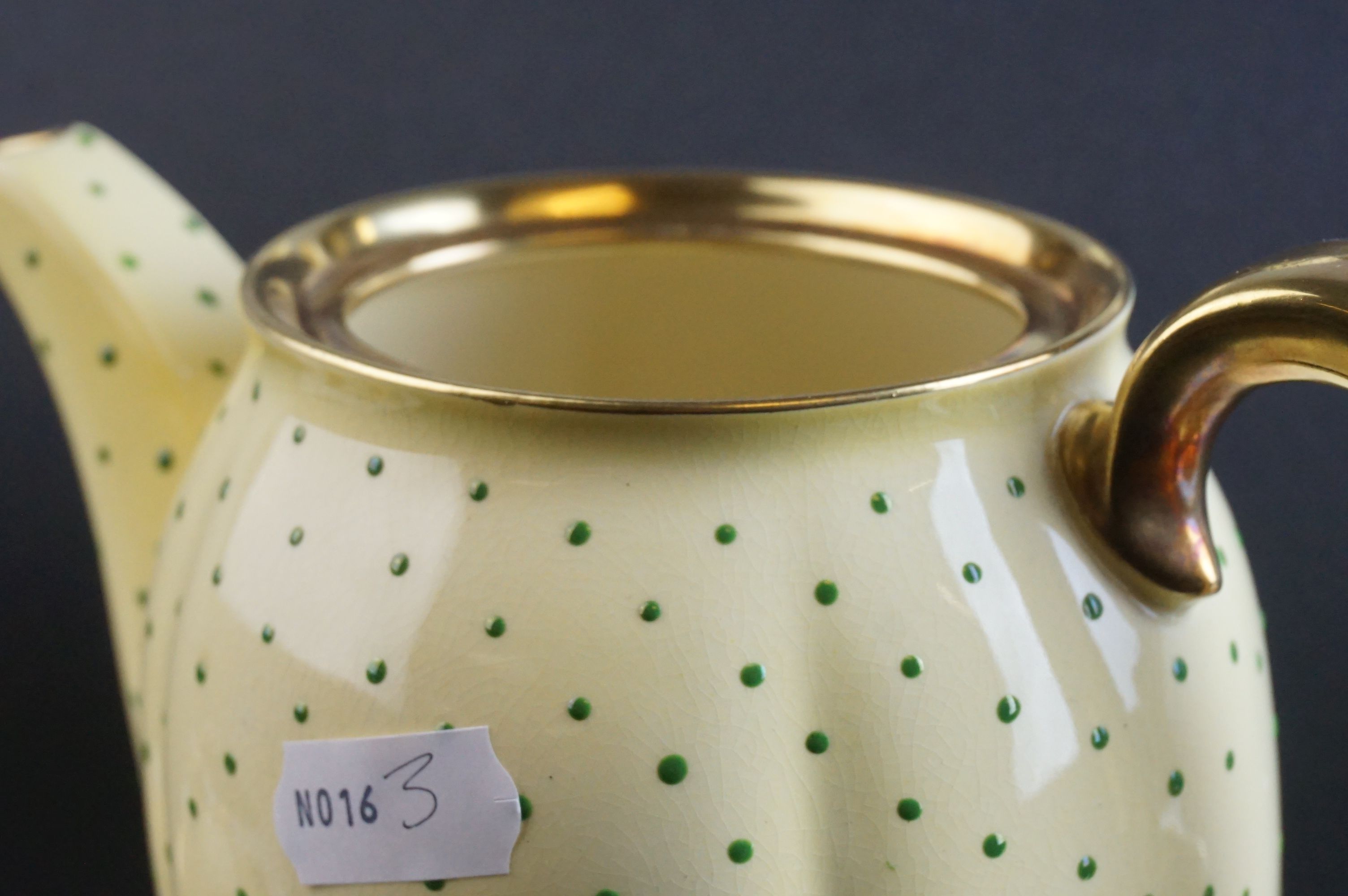 Early 20th Century Carlton ware coffee set, enamelled with green dots on a yellow ground, comprising - Image 8 of 10