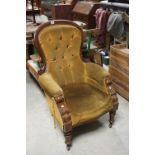 Victorian Mahogany Show Frame Button Back Armchair raised on turned legs with castors, 107cms high x